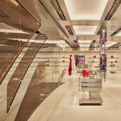 Shop interior with metallic, leather and red accents
