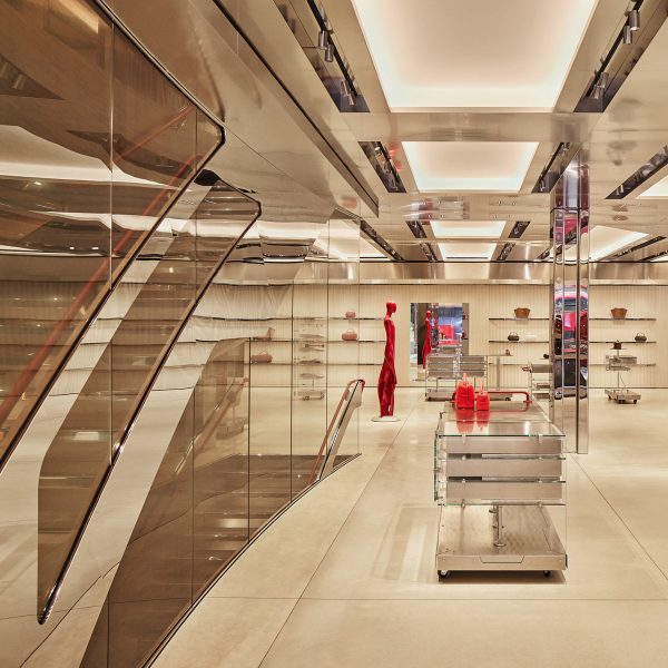 Shop interior with metallic, leather and red accents