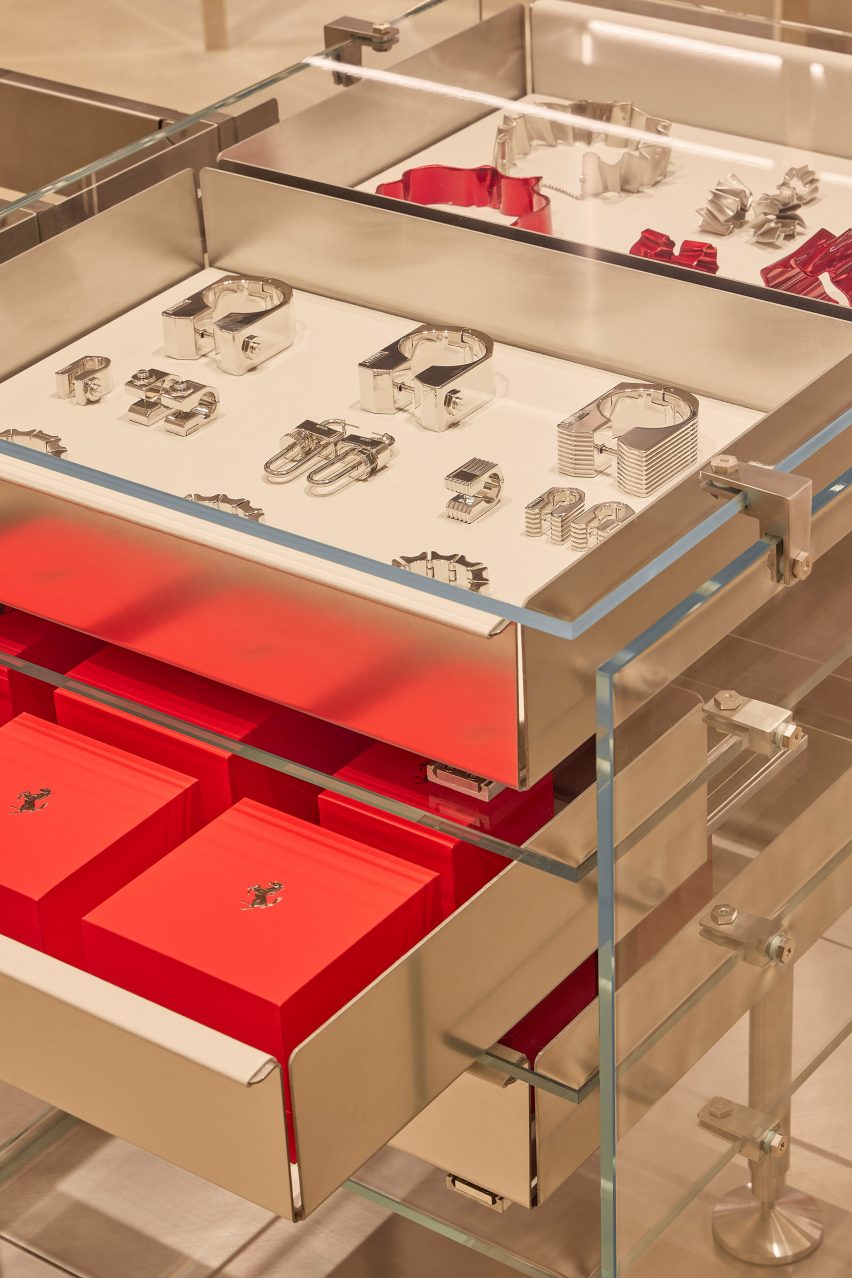 Shop interior with metallic, leather and red accents