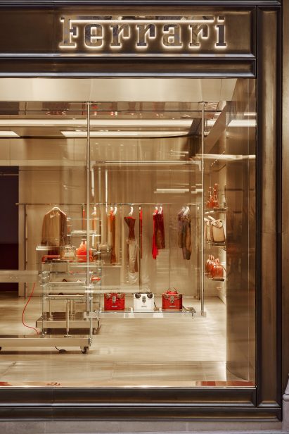 Shop interior with metallic, leather and red accents