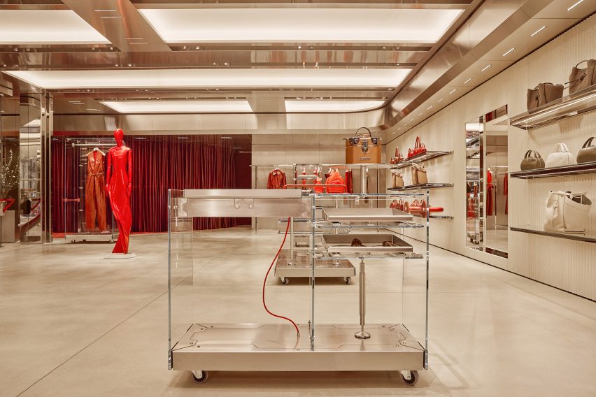 Shop interior with metallic, leather and red accents