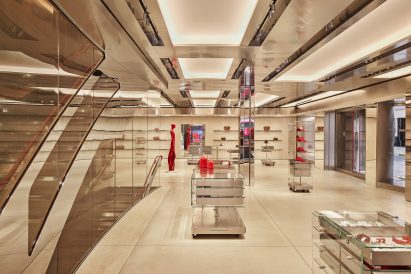 Shop interior with metallic, leather and red accents