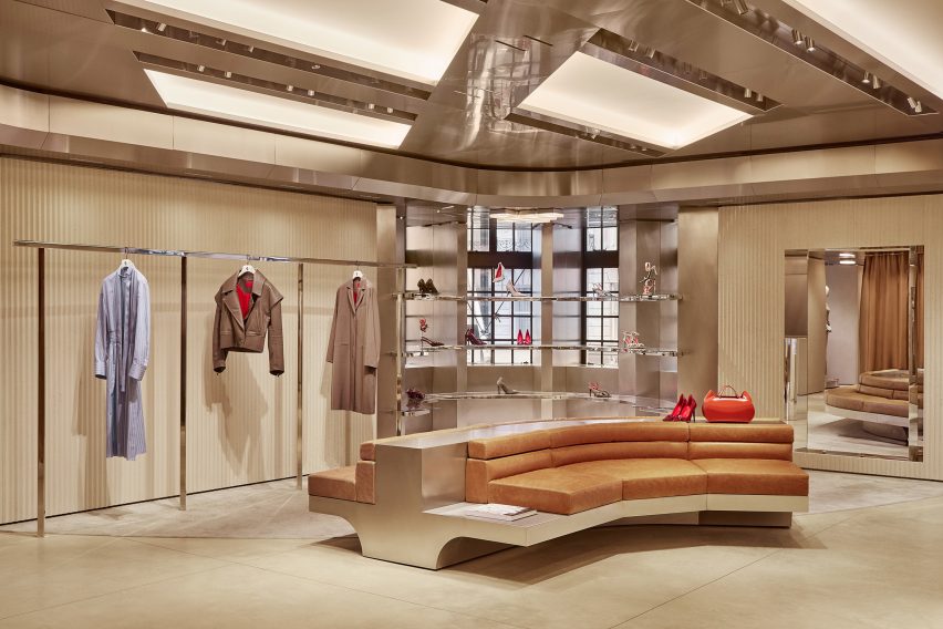 Shop interior with metallic, leather and red accents