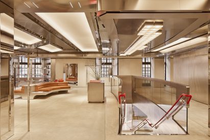 Shop interior with metallic, leather and red accents