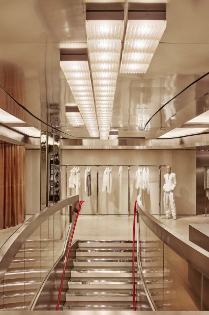 Shop interior with metallic, leather and red accents