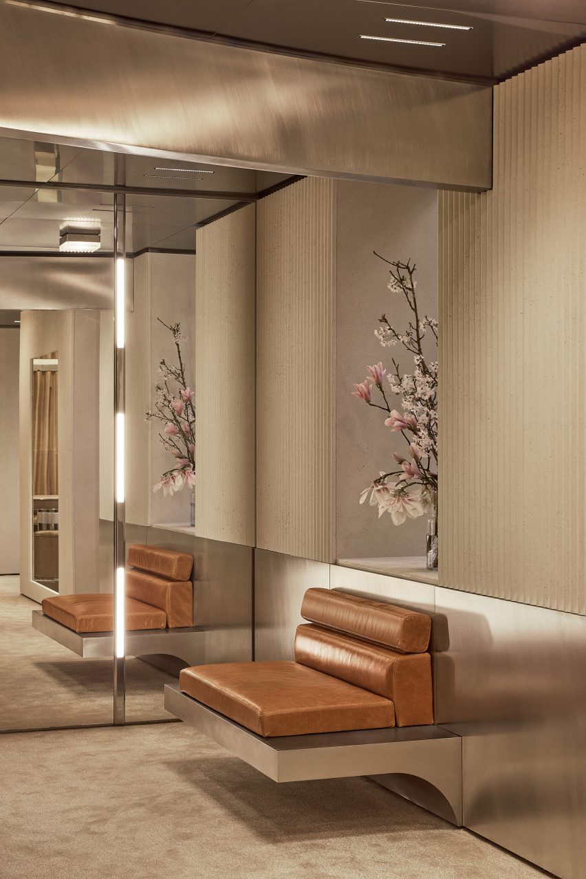 Shop interior with metallic, leather and red accents
