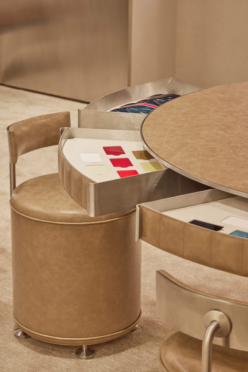Shop interior with metallic, leather and red accents
