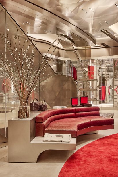 Shop interior with metallic, leather and red accents