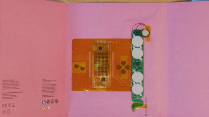 Close-up of circuit used to make playable magazine cover
