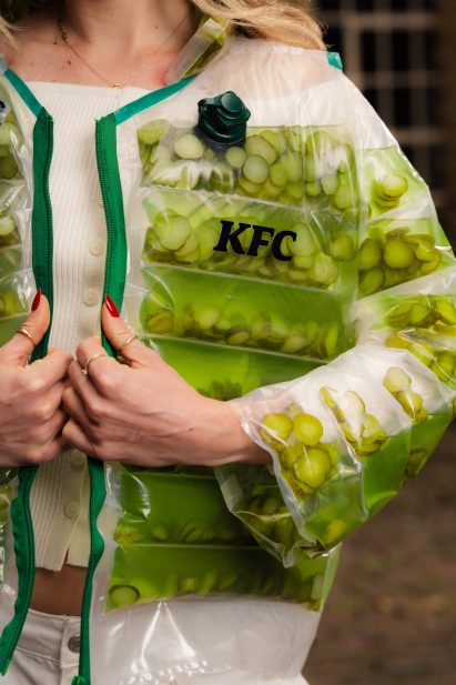 Close-up of pickles and bring in a clear plastic puffer jacket