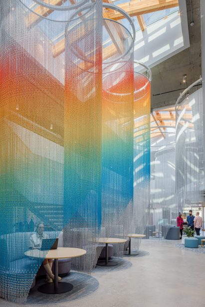 Colourful chain curtains in an office