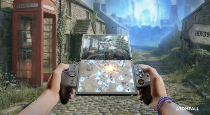 Video still of a video game-style rendering of a person's hands holding the Lenovo Legion Go Fold Concept as they play in vertical mode