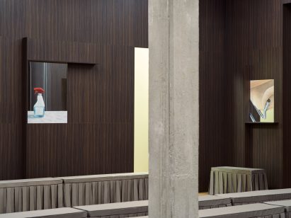 Wooden walls and paintings fixed to the walls