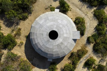 Aerial view of OMA Mushroom Pavilion dome in Oaxaca