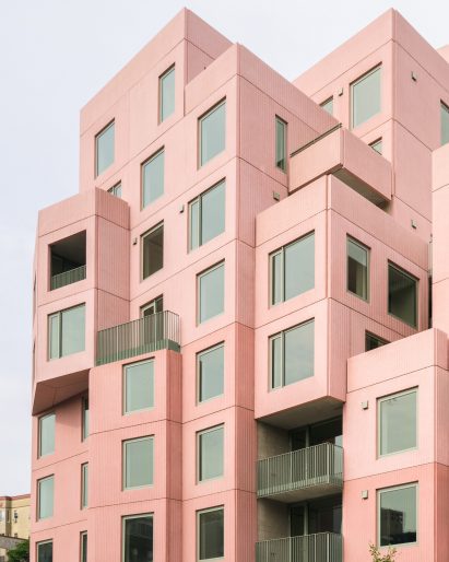 Rose-coloured concrete building brooklyn