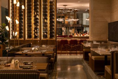 Bistro and bar with banquette seating and low lighting