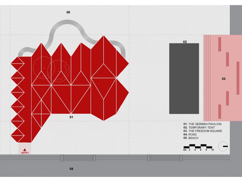 Overhead plan of pavilion showing German Pavilion, Temporary Tent, Freedom Square, Road and Beach