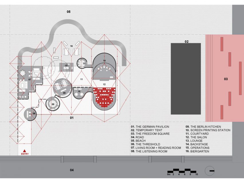 Interior plan of German Pavilion showing amphitheatre, Berlin kitchen and Salon