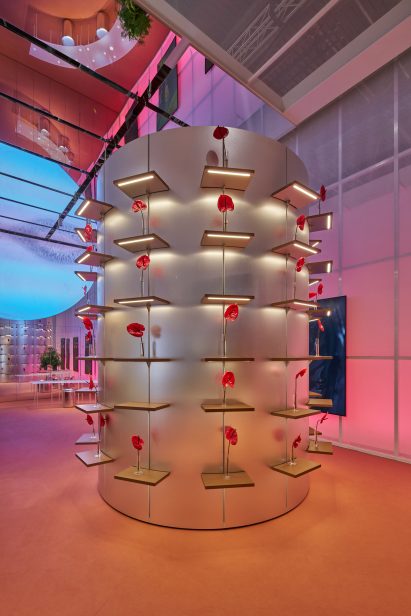 Modular shelving and lighting systems at a trade fair stand