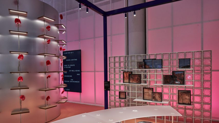 Modular shelving and lighting systems at a trade fair stand
