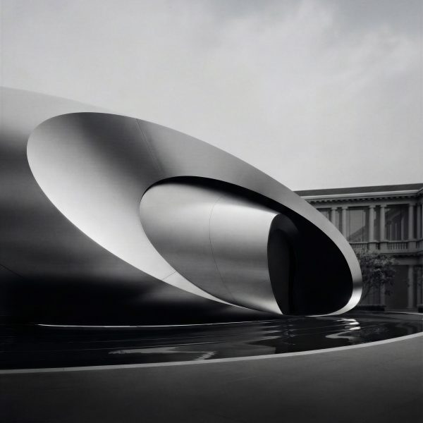 Black and white photo of a sculptural installation