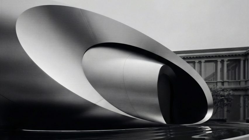 Black and white photo of a sculptural installation