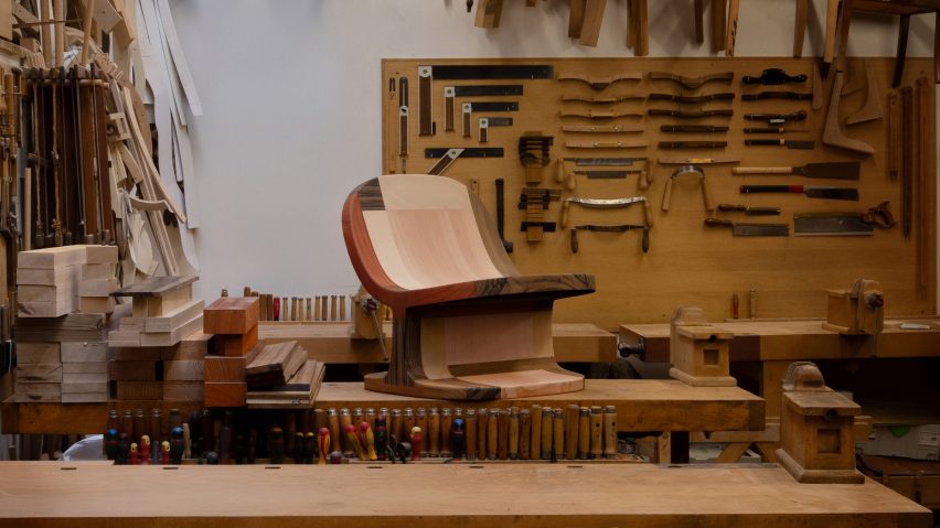 Handcrafted wood chair in workshop