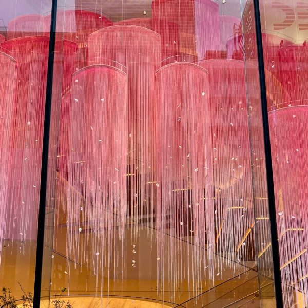Close-up photo of gradient-dyed string curtains