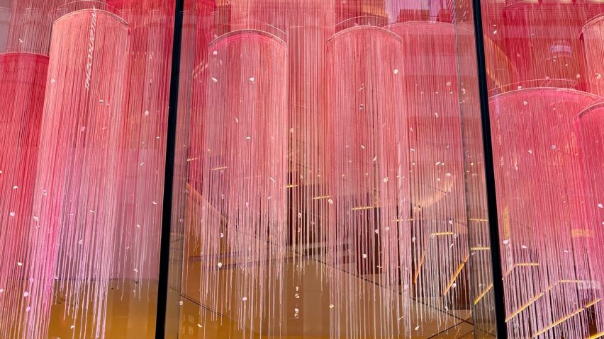 Close-up photo of gradient-dyed string curtains