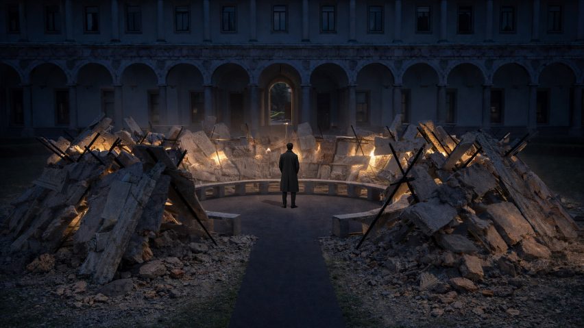 Nighttime render of architectural installation