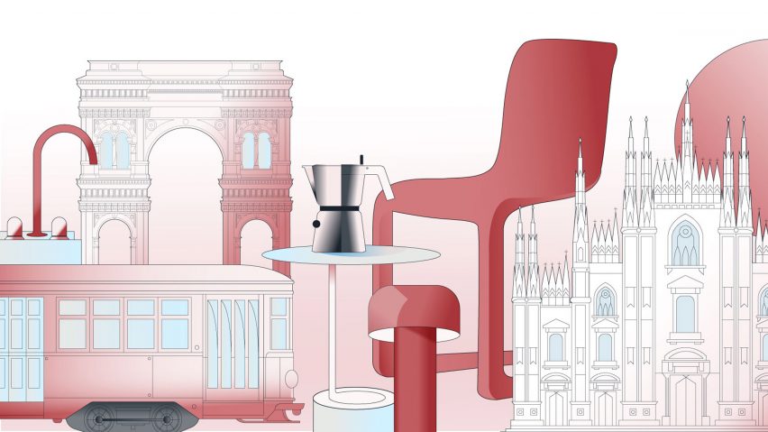 Collage illustration of buildings and furniture