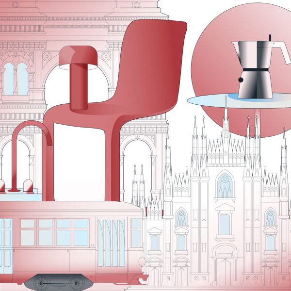 Collage illustration of buildings and furniture