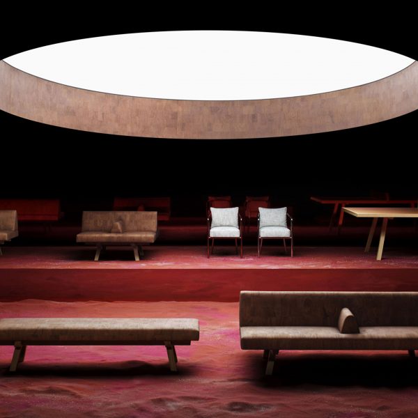 Seating design pieces displayed on a red background