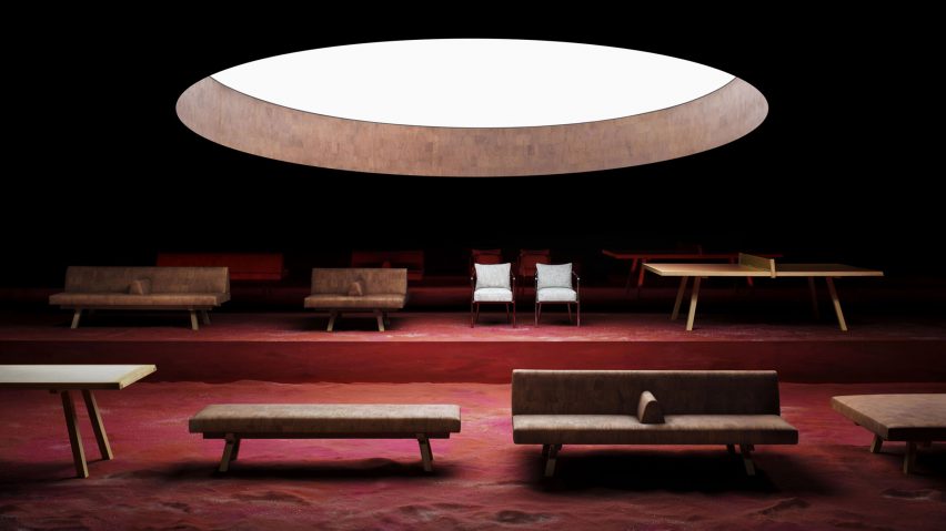 Seating design pieces displayed on a red background