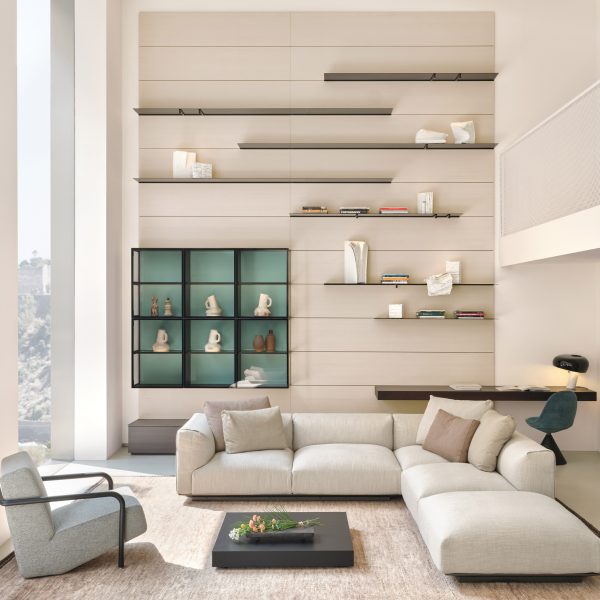 Living room display with light neutral tones.