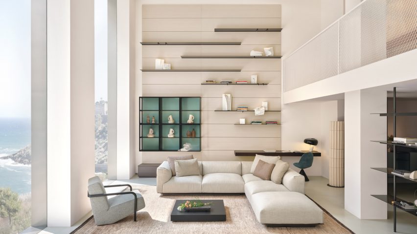 Living room display with light neutral tones.