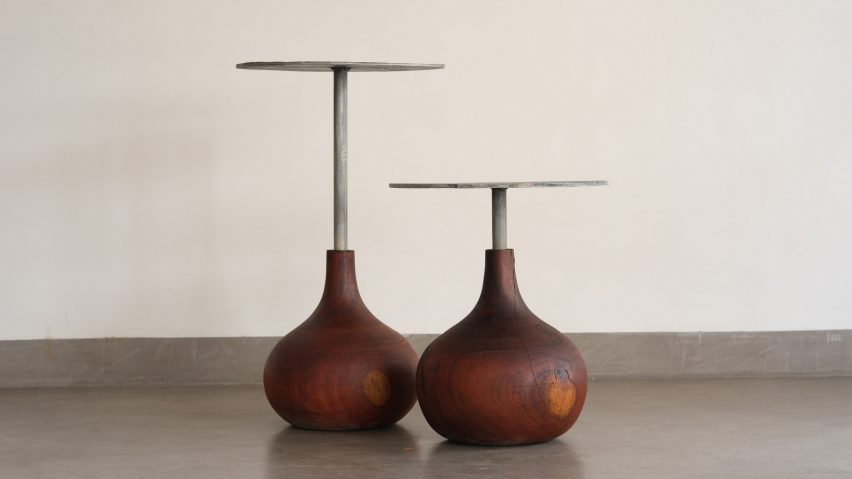 Side tables made out of solid wood and aluminium