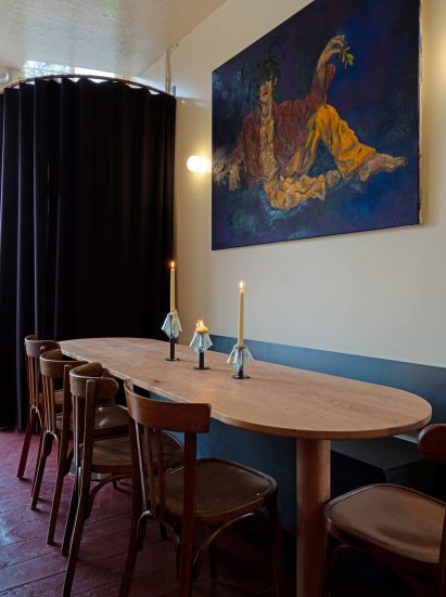 Rounded table within Logma cafe, Hackney
