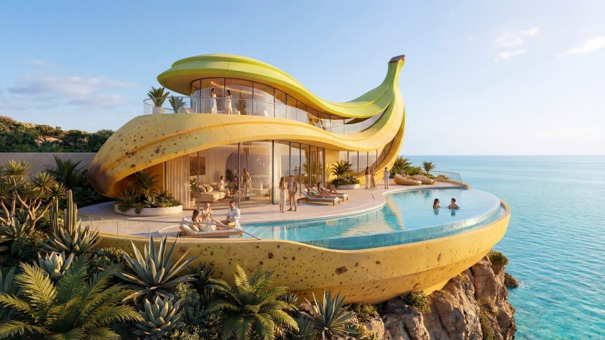 Render of an banana-shaped building by Chaos