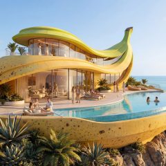 Render of an banana-shaped building by Chaos
