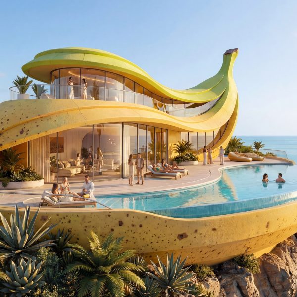 Render of an banana-shaped building by Chaos