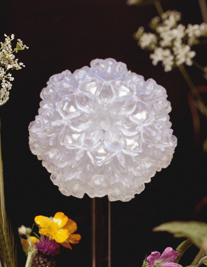 Close-up photo of the complex geometry within one 3D-printed resin Faux Flora flower
