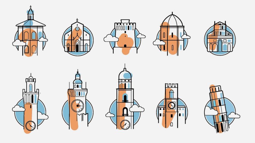 a series of digital illustrations of buildings