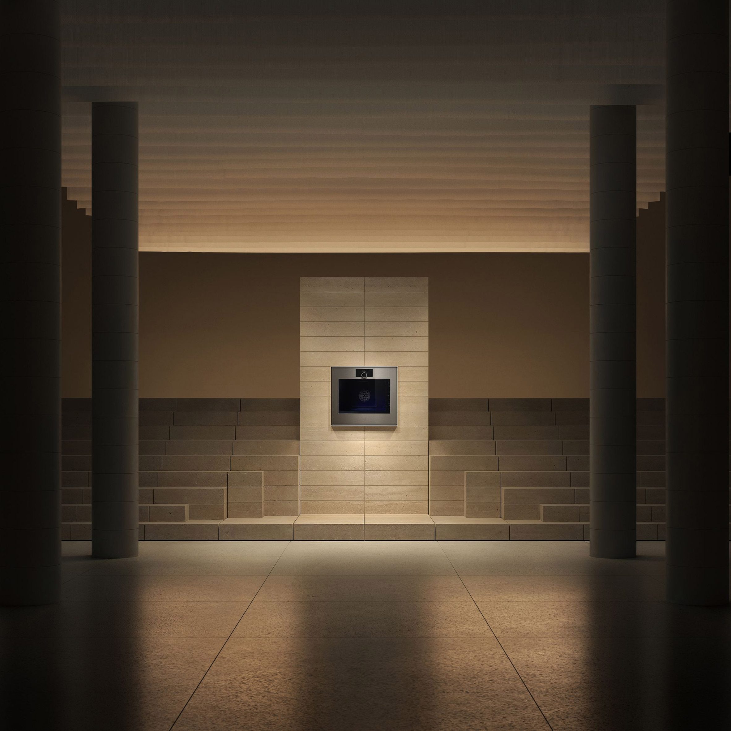 Minimalist interior with columns and stepped seating centred on a Gaggenau oven