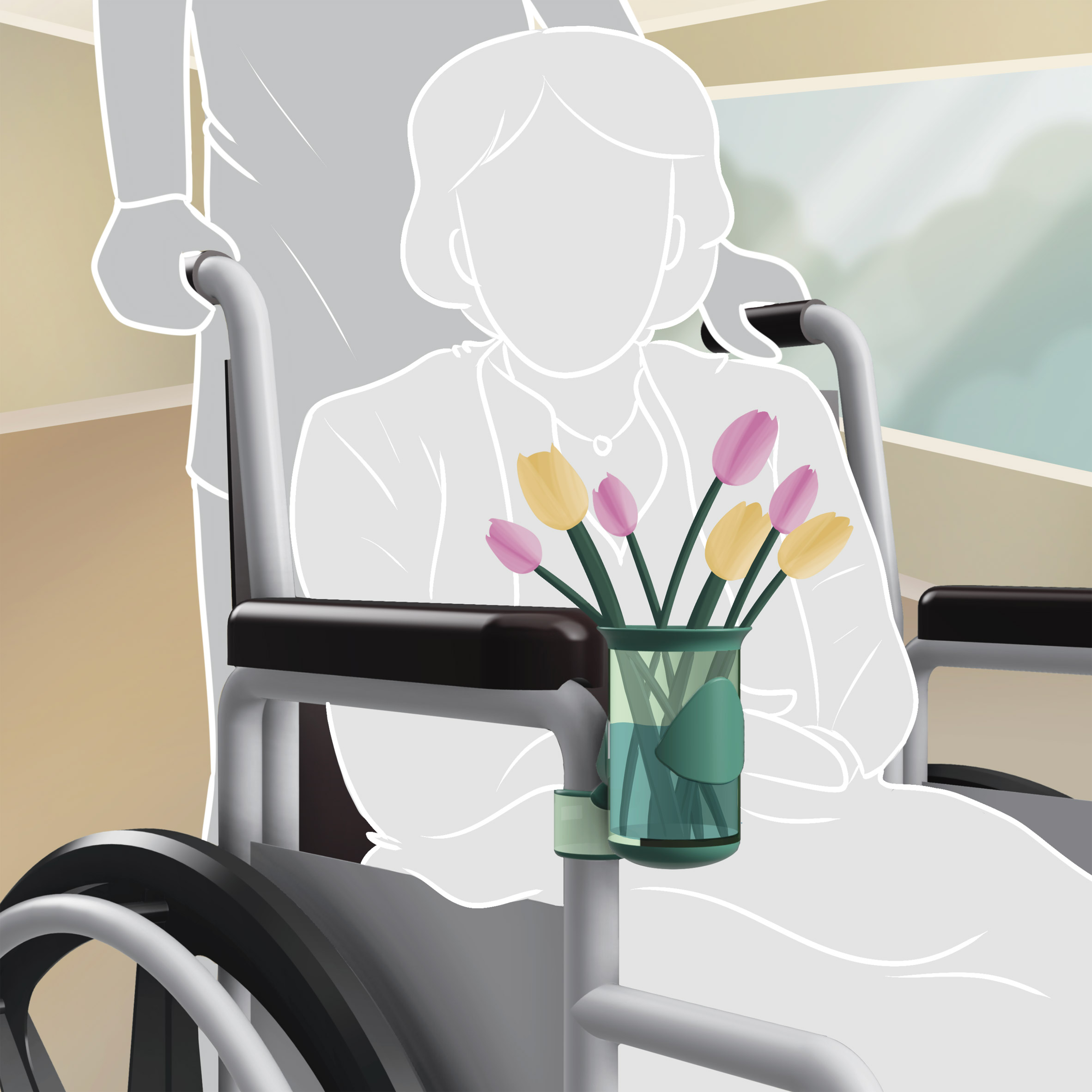 an illustration of a person in a wheelchair, holding flowers