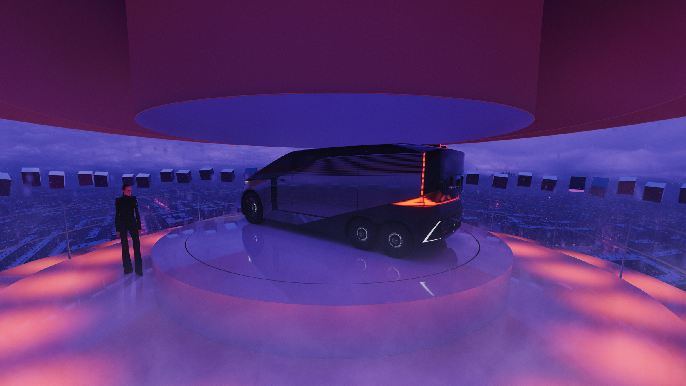Six-wheeled Lexus Concept car on a circular platform in a purple-lit space