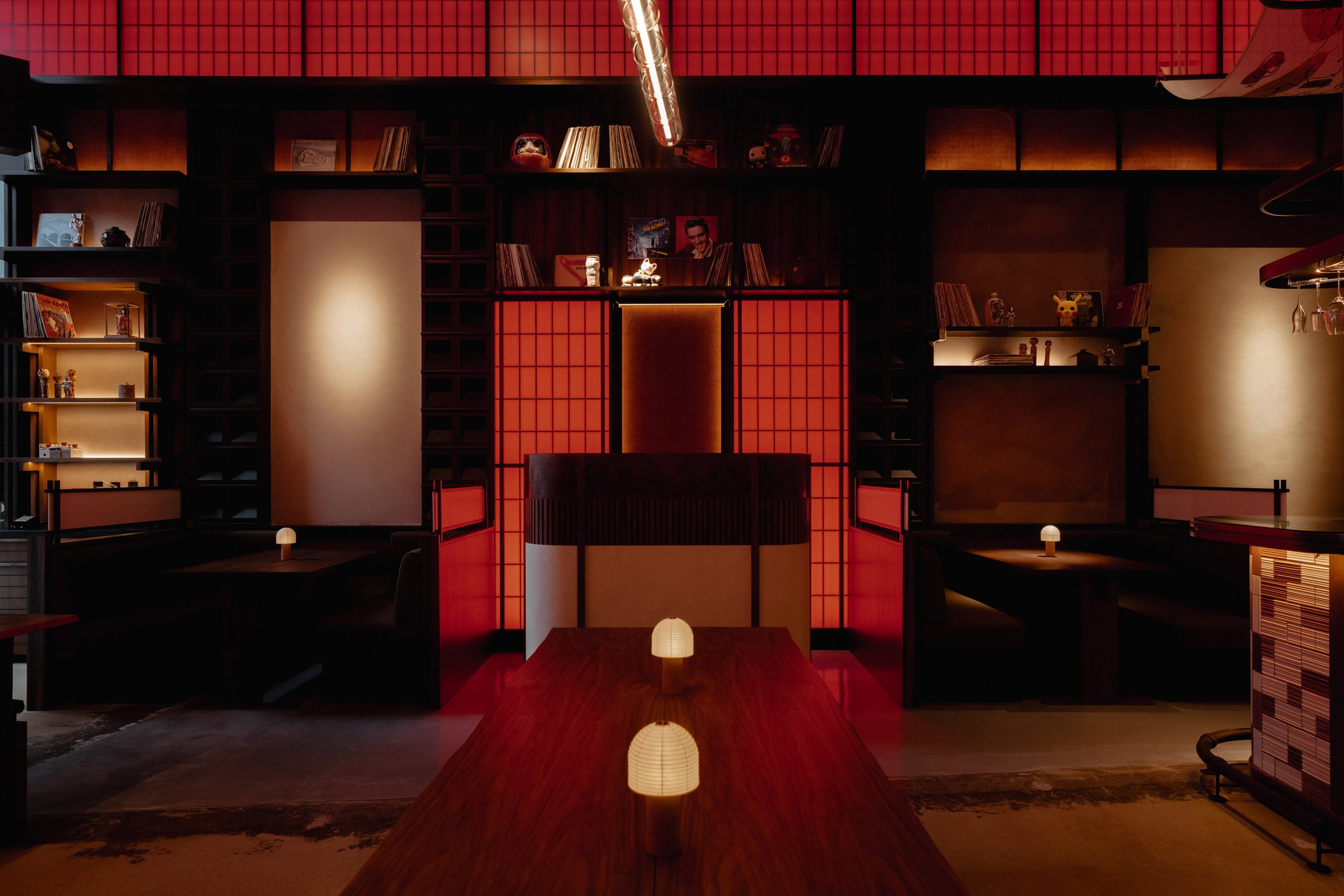 Dining space with red panels