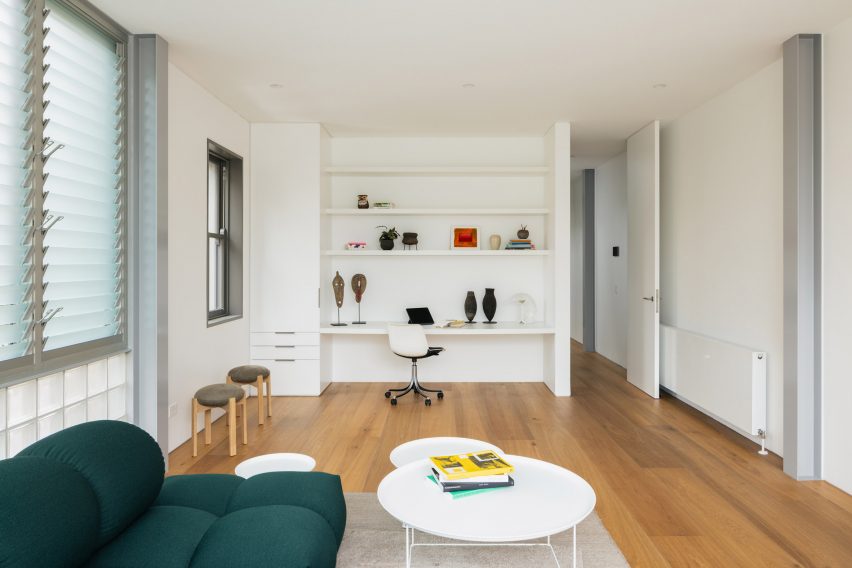 Family room with oak floors
