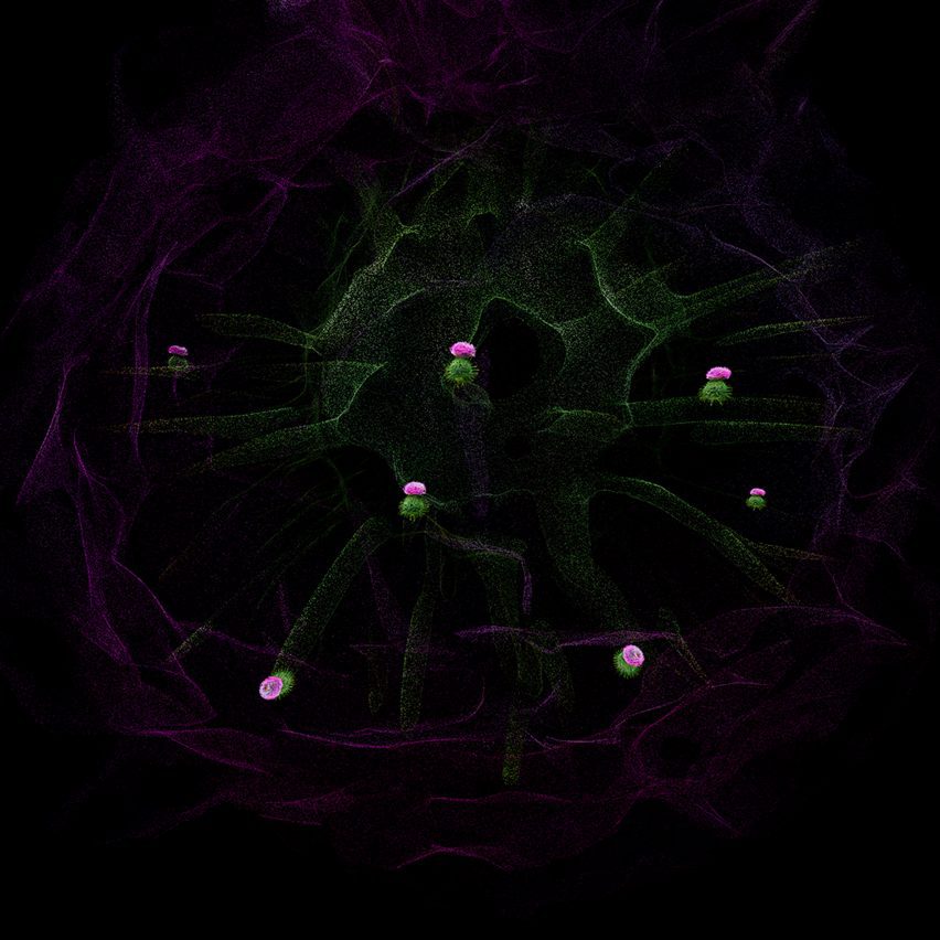 a digital abstract image in tones of green, pink and black