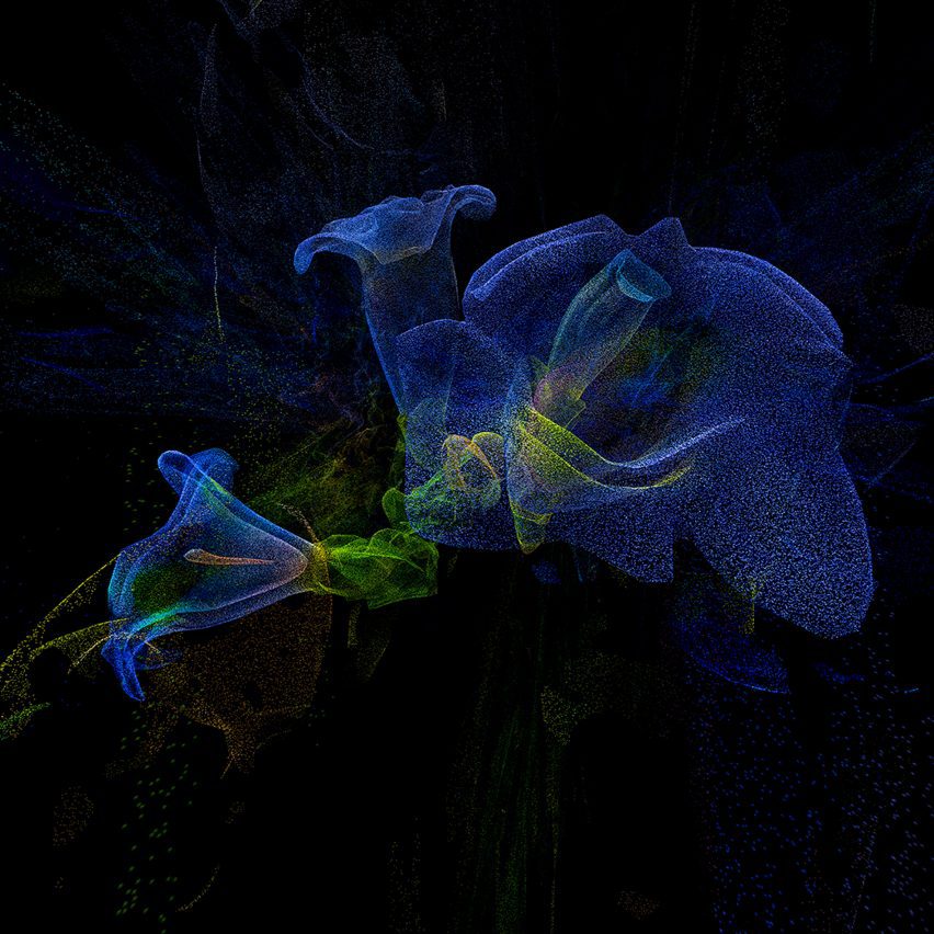 a digital abstract image in tones of blue, green and black